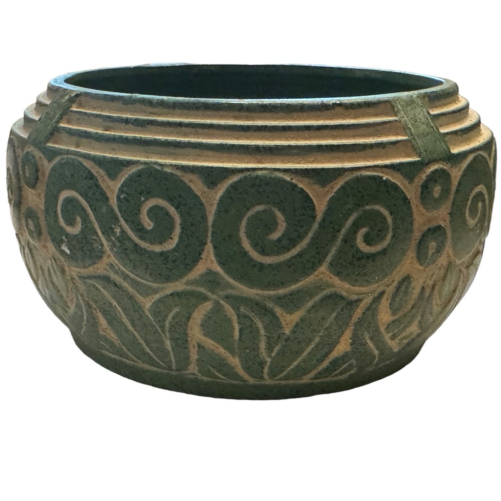 Vintage RARE Claire Burke Green Planter deco swirl design  Pottery Bowl clay